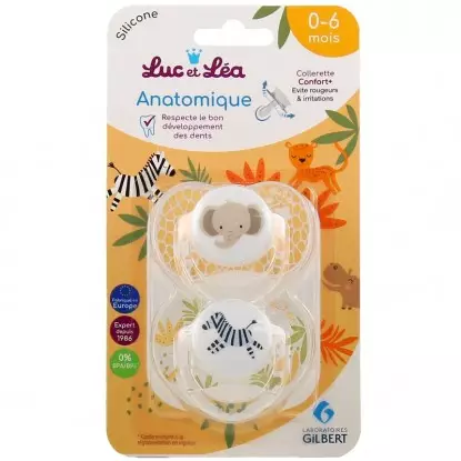 Sucette silicone anatomique avec anneau 0-6m Luc et Léa - Éléphant & Zèbre