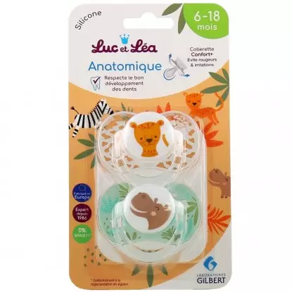 Sucette silicone anatomique avec anneau 6-18m Luc et Léa - Léopard & Hippopotame