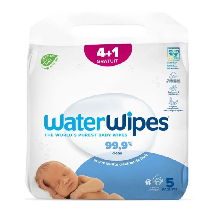 Lingettes à l'eau de WaterWipes - Change bébé - 4 x 60 lingettes + 1 Offert