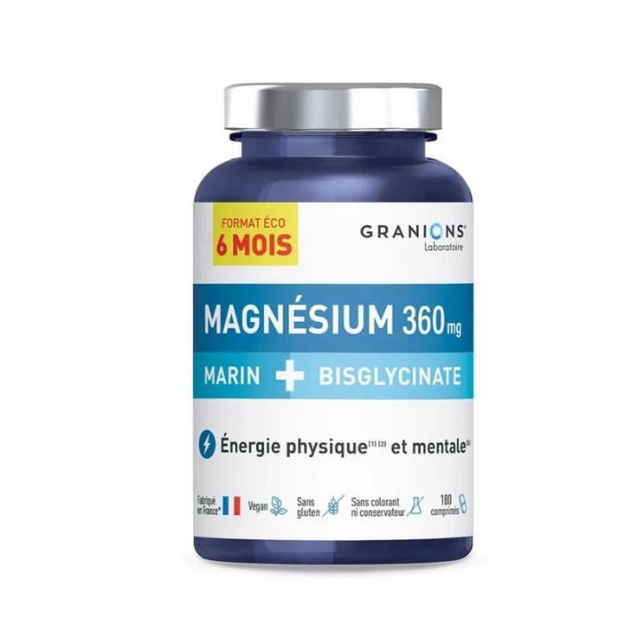 Magnésium marin + bisglycinate 360mg Granions - Vitalité - 180 comprimés