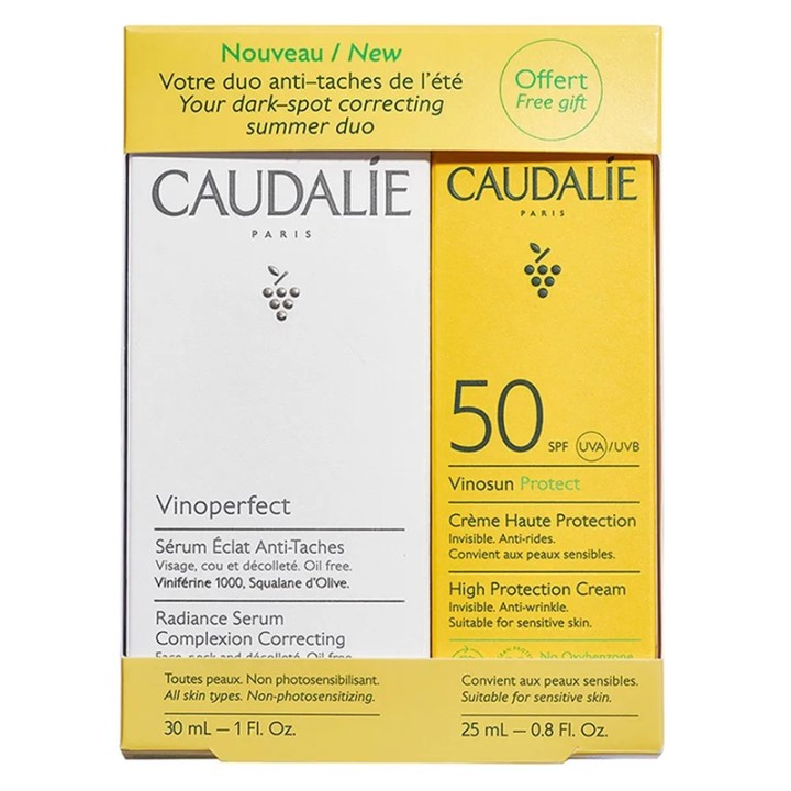 Sérum éclat anti-tâches Vinoperfect 30ml + Crème solaire visage SPF50 Vinosun Protect 25ml Offert Caudalie