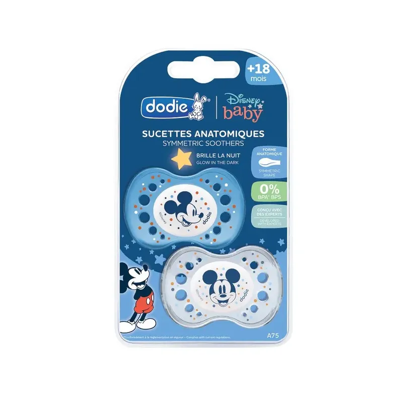 Sucettes anatomiques nuit en silicone 18m+ Disney Dodie - Lot de 2