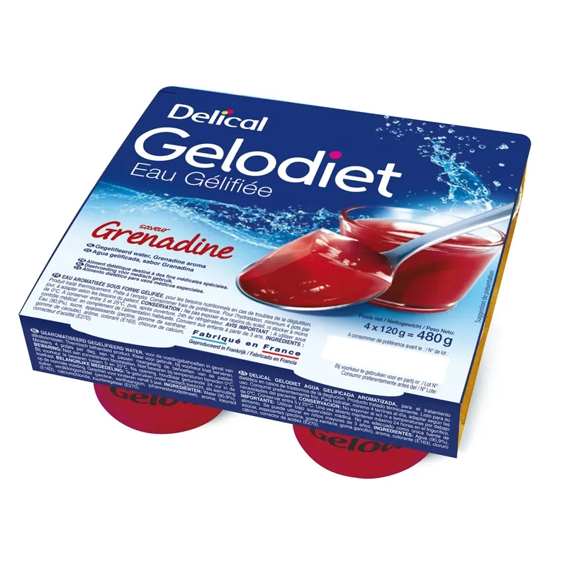 Eau gélifiée grenadine Gelodiet Delical - Troubles de la déglutition - 4 x 120 g