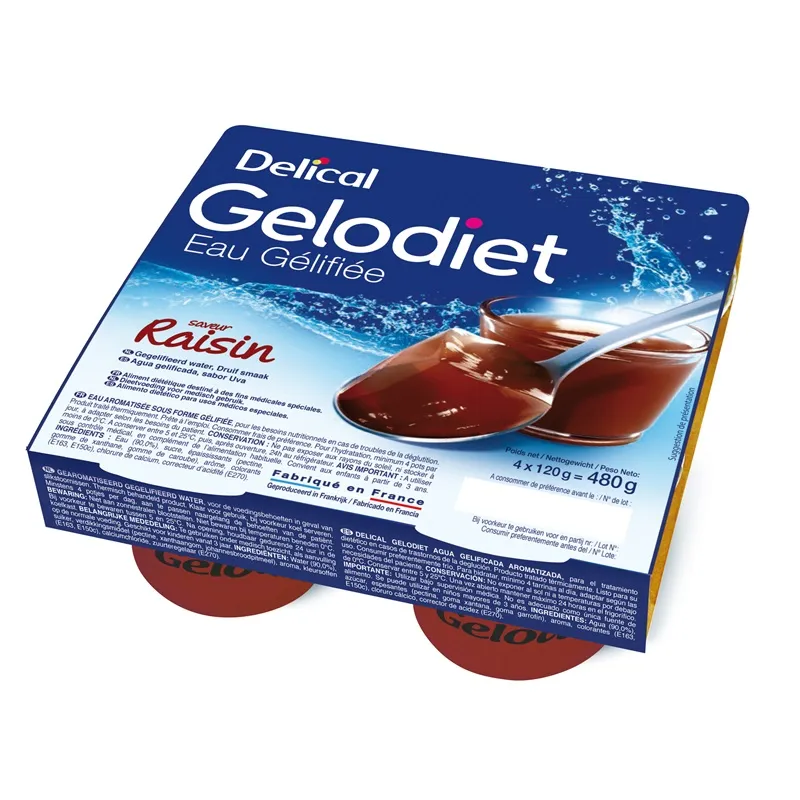 Eau gélifiée raisin Gelodiet Delical - Troubles de la déglutition - 4 x 120 g