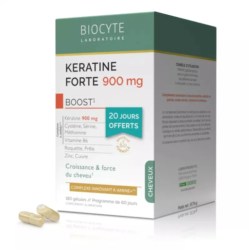 Kératine Forte 900mg Boost Biocyte - Croissance et force - 180 gélules