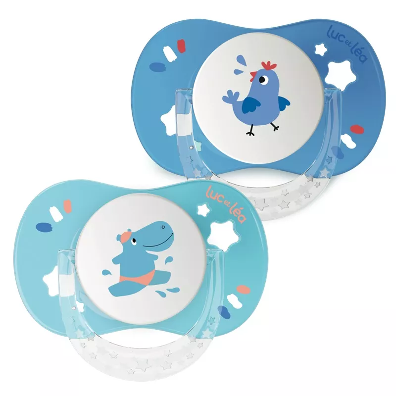 Sucette silicone anatomique avec anneau +18m Luc et Léa x 2 - Hippopotame & Coq