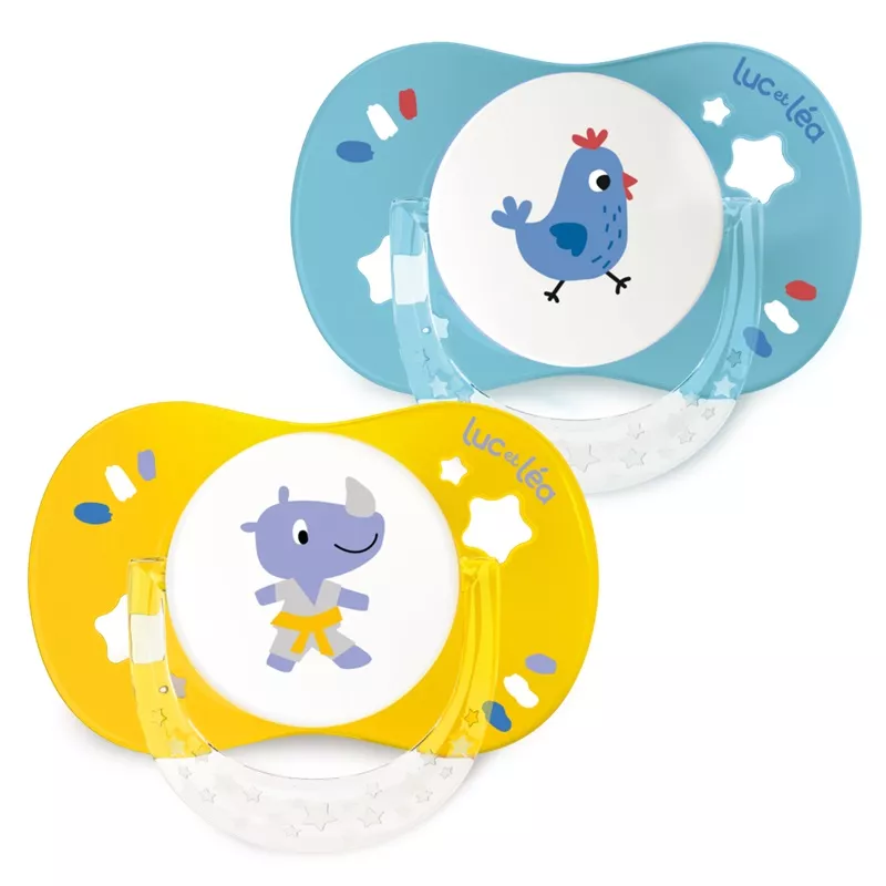 Sucette silicone anatomique avec anneau 6-18m Luc et Léa x 2 - Rhinocéros & Coq