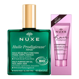 Huile Prodigieuse Néroli Bio - 100ml + Shampoing brillance miroir Hair Prodigieux 30ml Offert Nuxe