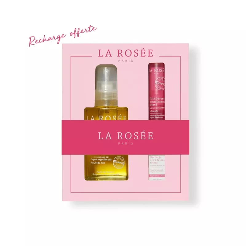 Coffret éclat La Rosée - 1 Huile de soin nourrissante 100ml + 1 Stick à lèvres teinté 4,5g + recharge 4,5g