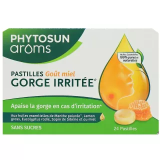 Pastilles gorge irritée sans sucres goût miel Phytosun Arôms - 24 pastilles