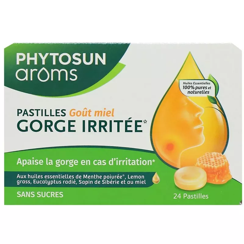Pastilles gorge irritée sans sucres goût miel Phytosun Arôms - 24 pastilles