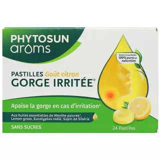 Pastilles gorge irritée sans sucres goût citron Phytosun Arôms - 24 pastilles