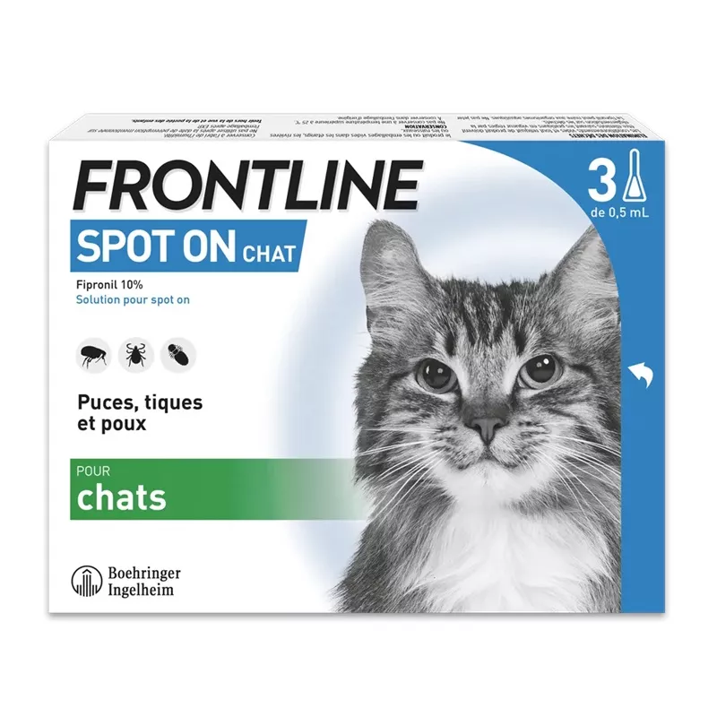 Spot-on chat Frontline - Tiques, poux et puces - 3 pipettes de 0.5ml
