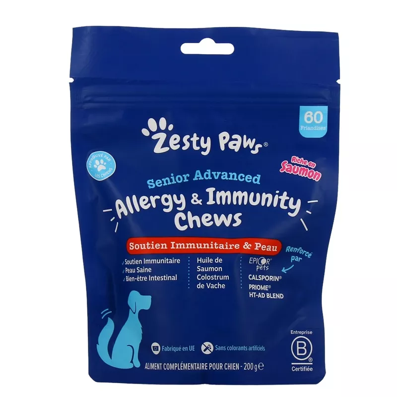 Soutien immunitaire et peau Senior Advanced Chews Zesty Paws - 60 friandises au saumon