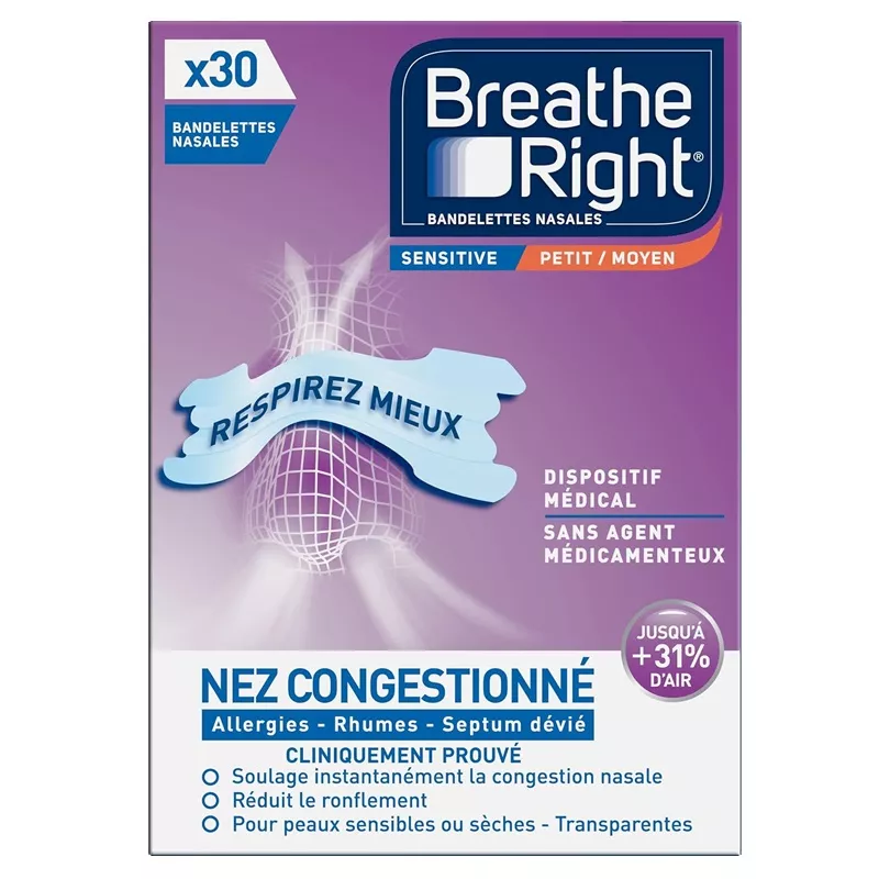 Bandelettes nasales Sensitive Moyen Breathe Right - Nez congestionné - 30 unités