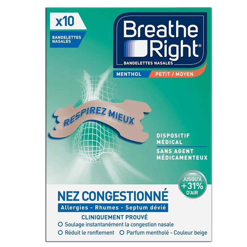Bandelettes nasales Menthol Moyen Breathe Right - Nez congestionné - 10 unités