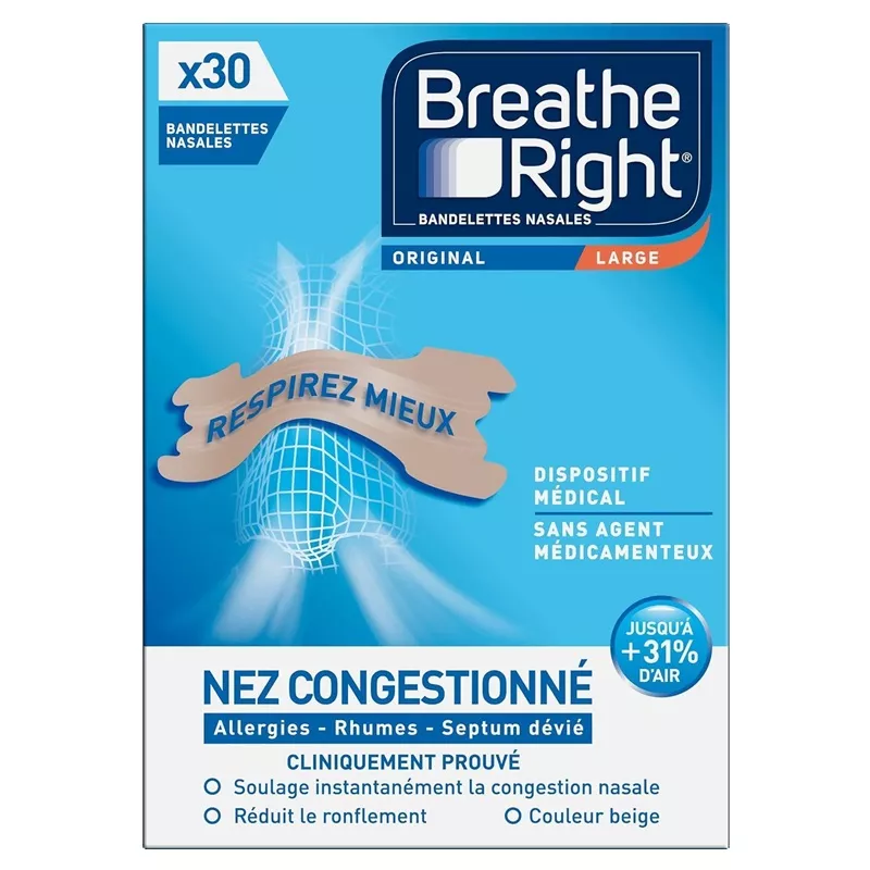 Bandelettes nasales Original Large Breathe Right - Nez congestionné - 30 unités