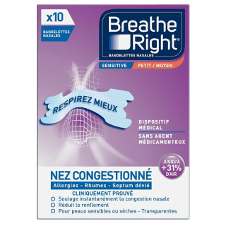 Bandelettes nasales Sensitive Moyen Breathe Right - Nez congestionné - 10 unités