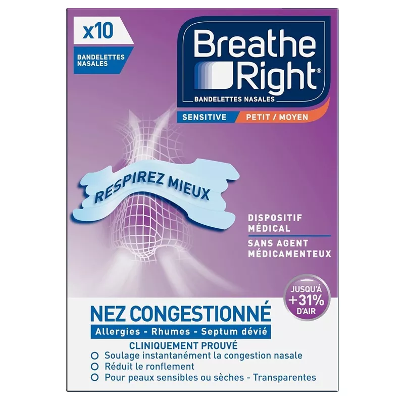 Bandelettes nasales Sensitive Moyen Breathe Right - Nez congestionné - 10 unités