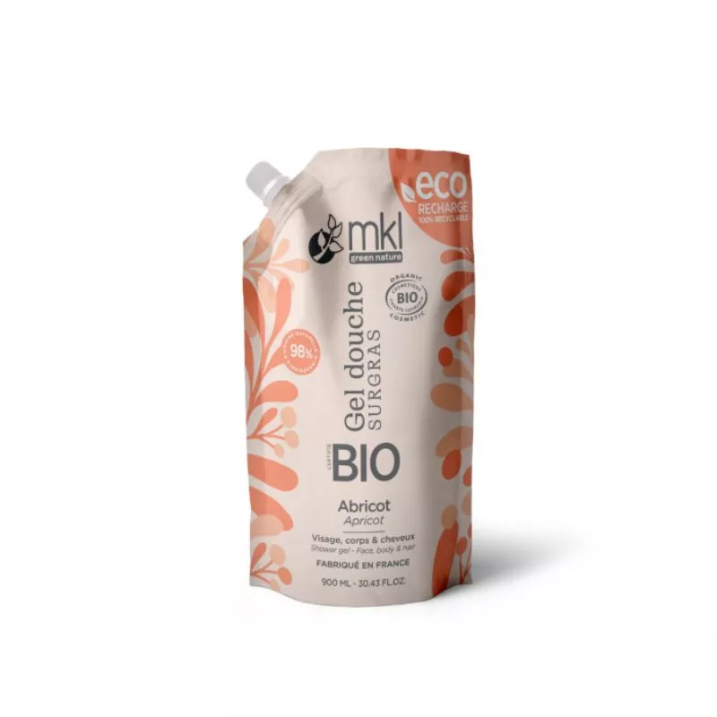 Gel douche surgras Abricot Bio MKL - Visage, corps et cheveux - Écorecharge 900ml