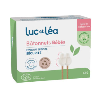 Bâtonnets ouatés embout bébé en coton Bio Luc et Léa - Hygiène de l'oreille - 60 unités