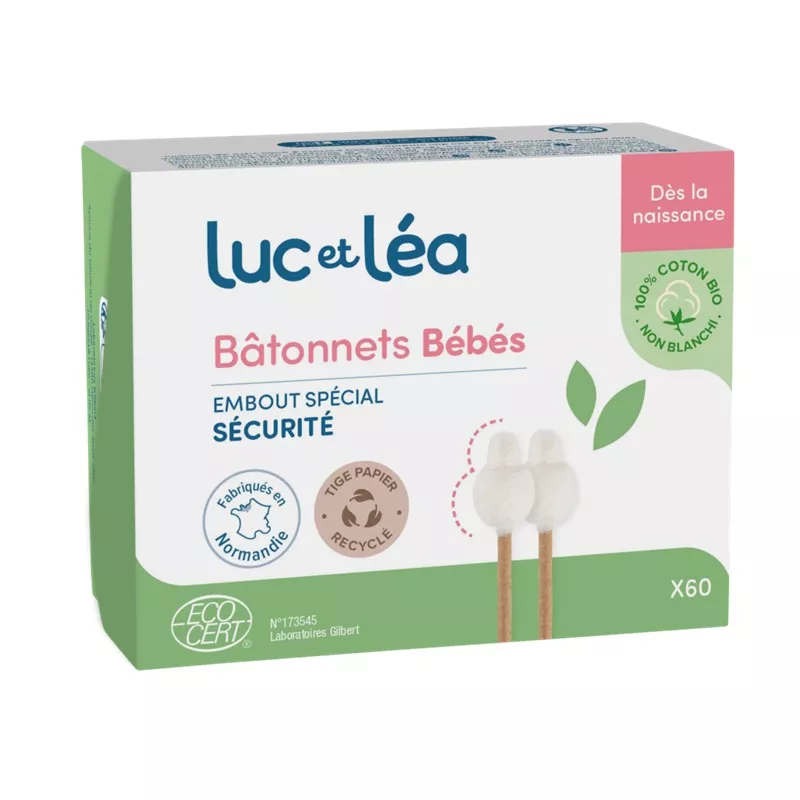 Bâtonnets ouatés embout bébé en coton Bio Luc et Léa - Hygiène de l'oreille - 60 unités