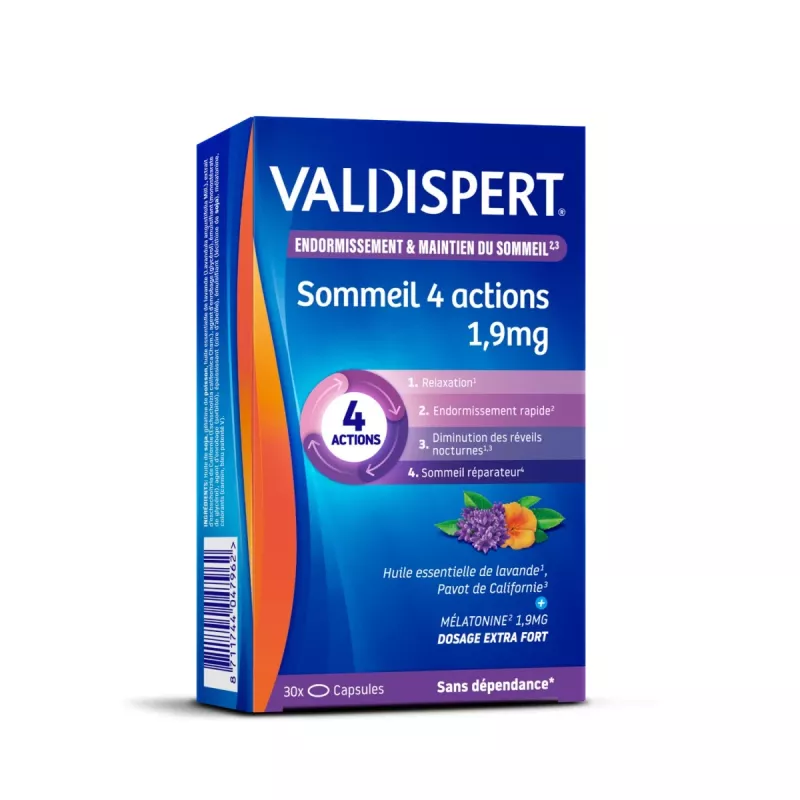 Mélatonine 4 actions 1,9 mg Valdispert - Endormissement - 30 capsules