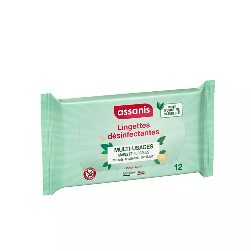 Lingettes désinfectantes multi-usages Assanis - Mains et surfaces - 12 unités