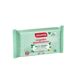 Lingettes désinfectantes multi-usages Assanis - Mains et surfaces - 25 unités