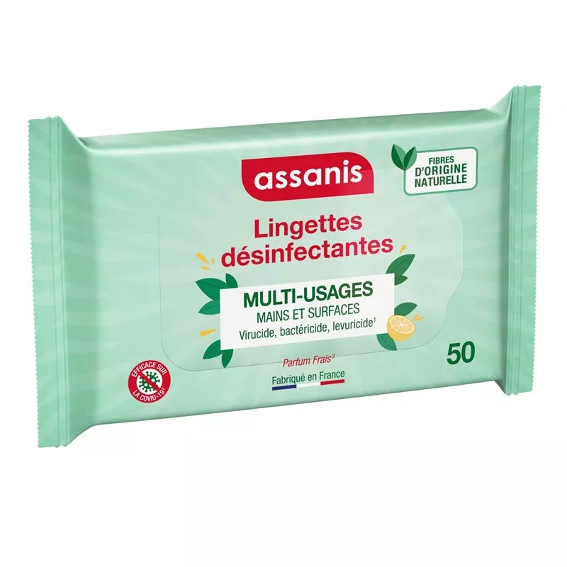 Lingettes désinfectantes multi-usages Assanis - Mains et surfaces - 50 unités