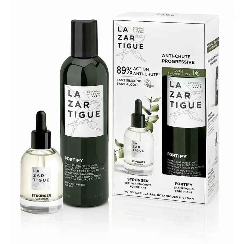 Coffret anti-chute temporaire Sérum Stronger Hair 50 ml + Shampoing fortifiant Fortify - 250ml Lazartigue