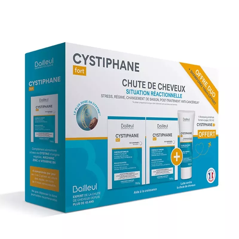 Cystiphane Fort Cheveux et ongles 2 x 120 comprimés + Shampoing réactionnelle 100ml Bailleul