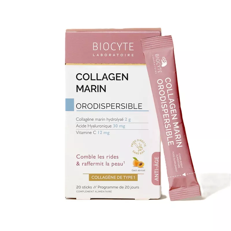 Collagen Marin orodispersible Biocyte - Comble les rides - 20 sticks saveur abricot