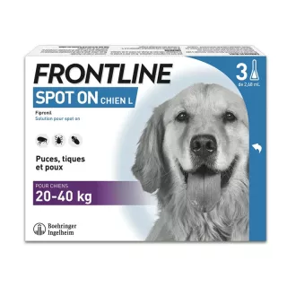 Spot-On antiparasitaire chien L de 20 à 40 kg Frontline - Tiques, poux et puces - 3 pipettes