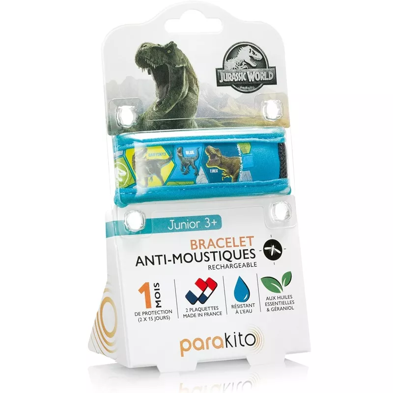 Bracelet anti-moustiques Jurassic World Bleu Parakito Junior + 2 recharges