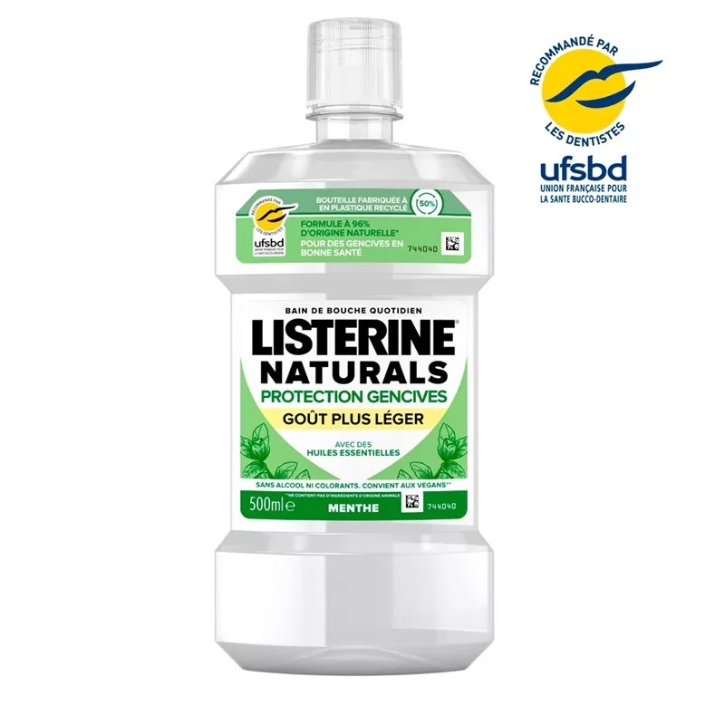 Bain de bouche goût plus léger sans alcool Protection Gencives Listerine Naturals - 500ml