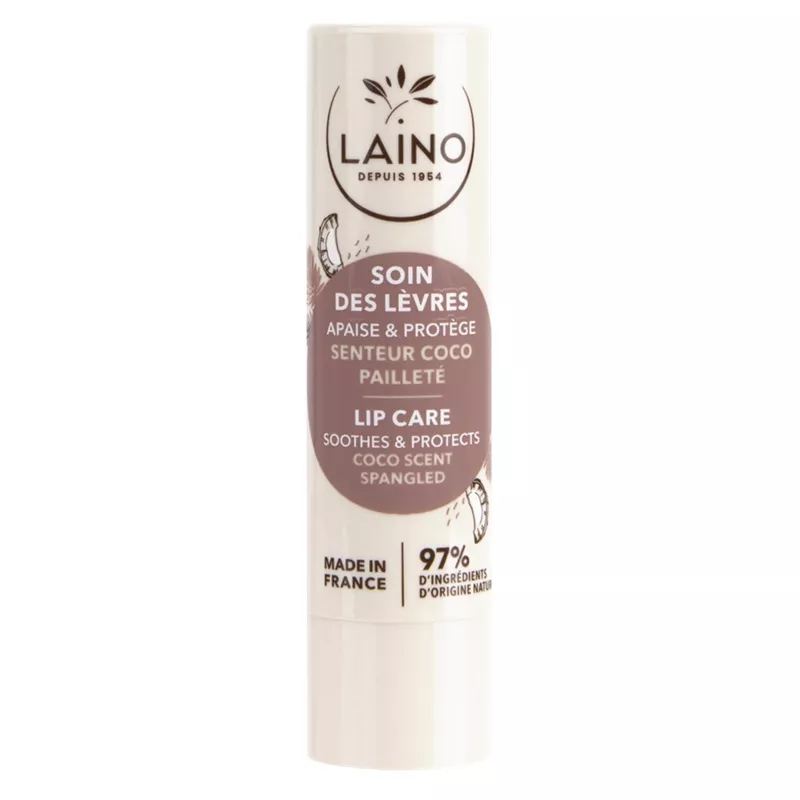 Soin des lèvres en stick senteur Coco Pailleté Laino - Lèvres gercées et desséchées - 4 g