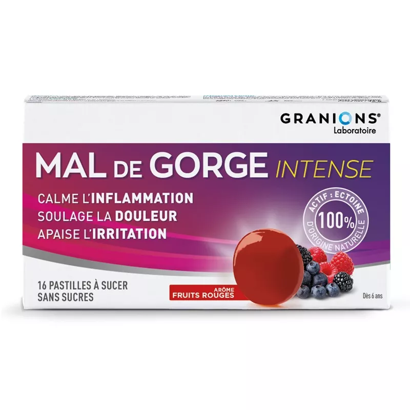 Mal de gorge intense Granions - 16 pastilles goût fruits rouges