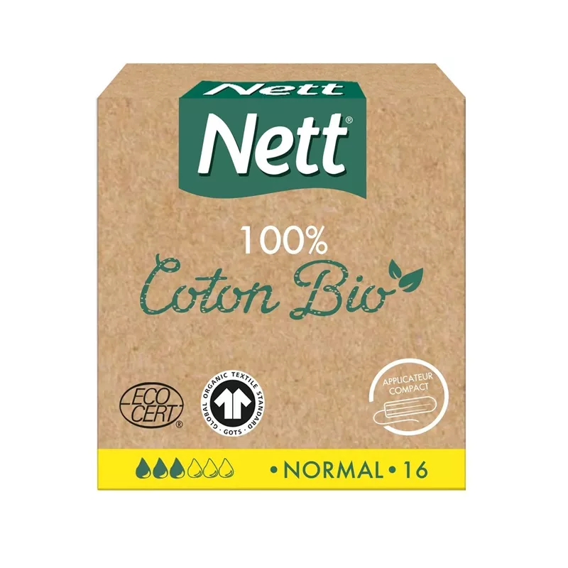 Tampons hygiéniques absorption normale sans applicateur 100% coton Bio Nett - 16 tampons