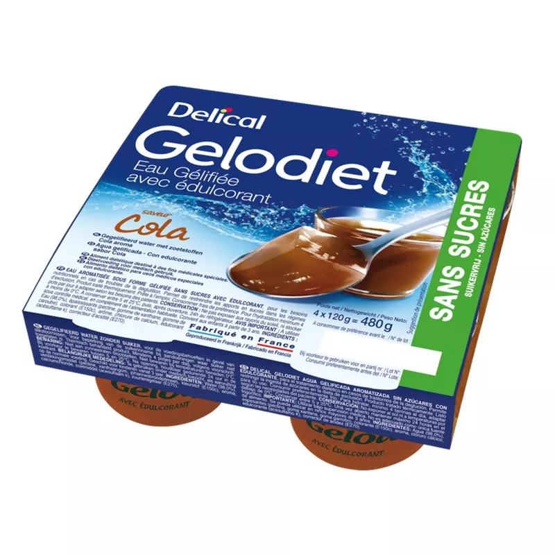 Eau gélifiée cola Gelodiet Delical - Troubles de la déglutition - 4 × 120 g