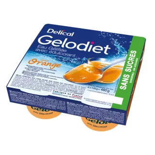 Eau gélifiée orange Gelodiet Delical - Troubles de la déglutition - 4 × 120 g