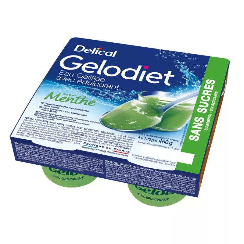 Eau gélifiée menthe Gelodiet Delical - Troubles de la déglutition - 4 × 120 g