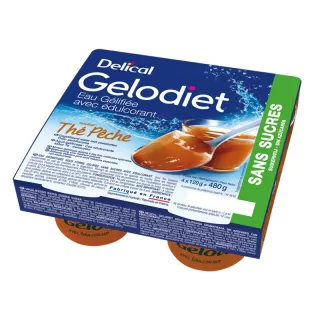 Eau gélifiée thé-pêche Gelodiet Delical - Troubles de la déglutition - 4 × 120 g