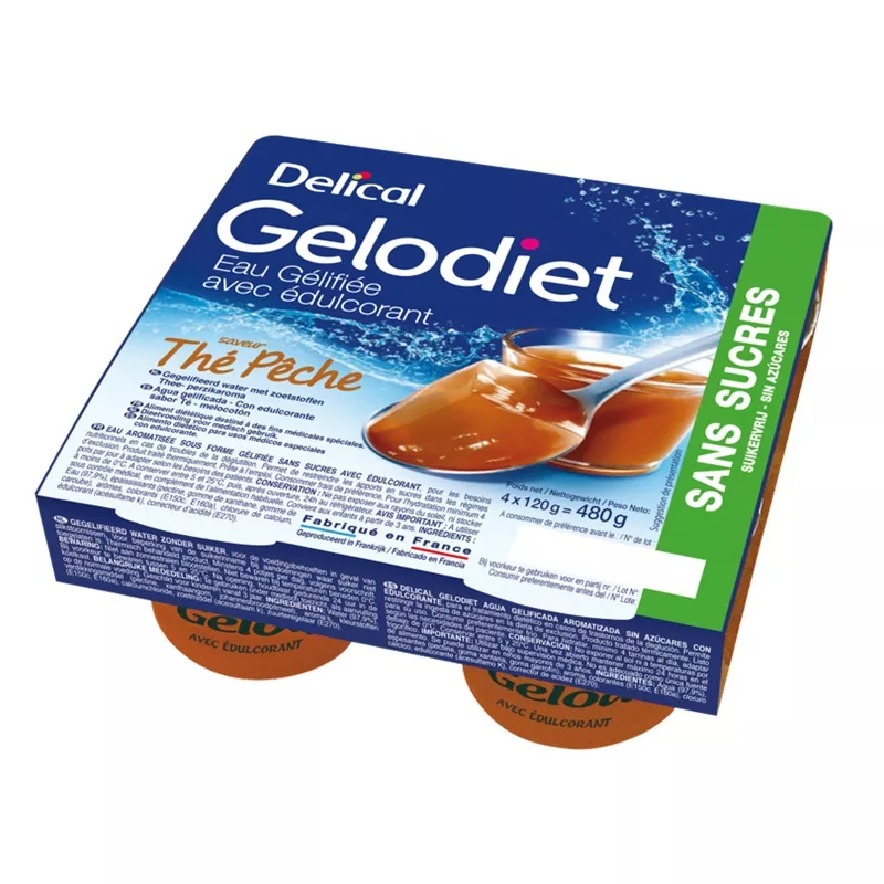 Eau gélifiée thé-pêche Gelodiet Delical - Troubles de la déglutition - 4 × 120 g