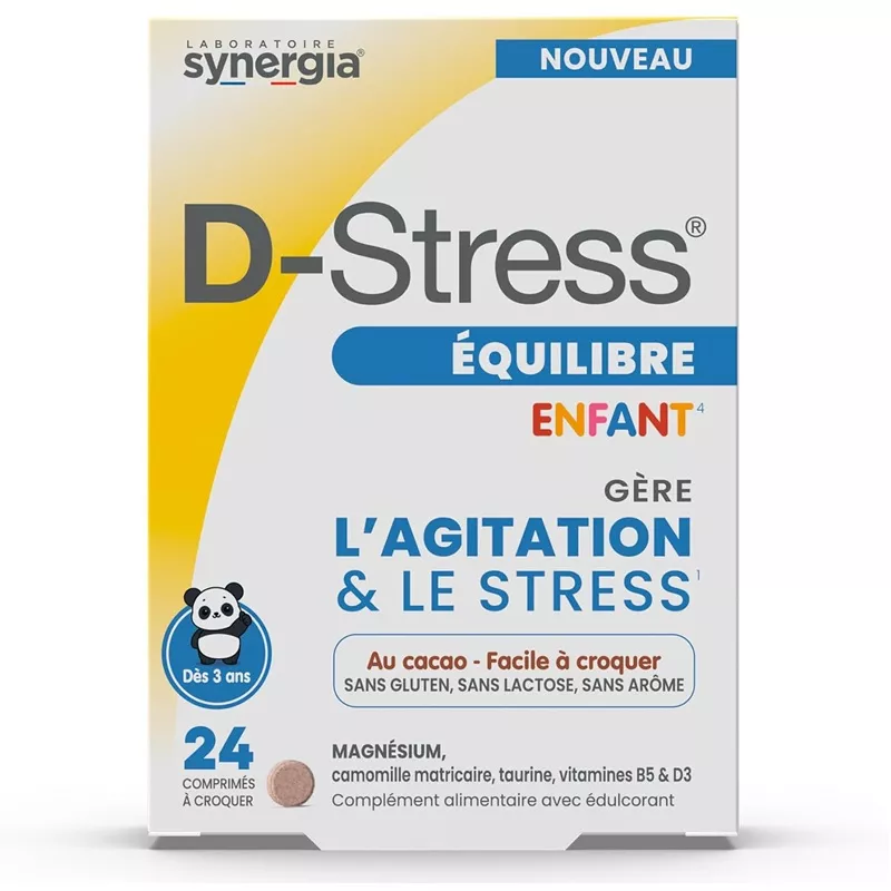 D-Stress Équilibre Enfant Synergia - Stress chez l'enfant - 24 comprimés à croquer goût cacao