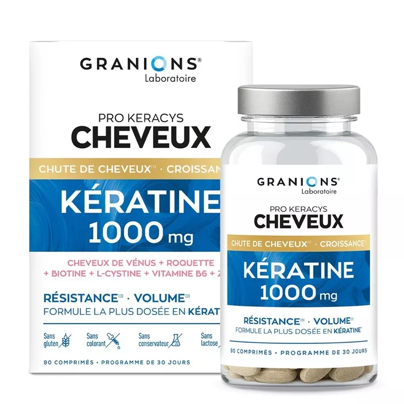 Kératine 1000 mg Pro Keracys Granions - Chute de cheveux, croissance & résistance - 90 comprimés