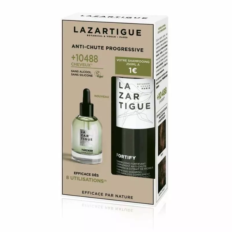 Coffret anti-chute progressive Sérum Thicker Hair 50 ml + Shampoing fortifiant Fortify - 250ml Lazartigue