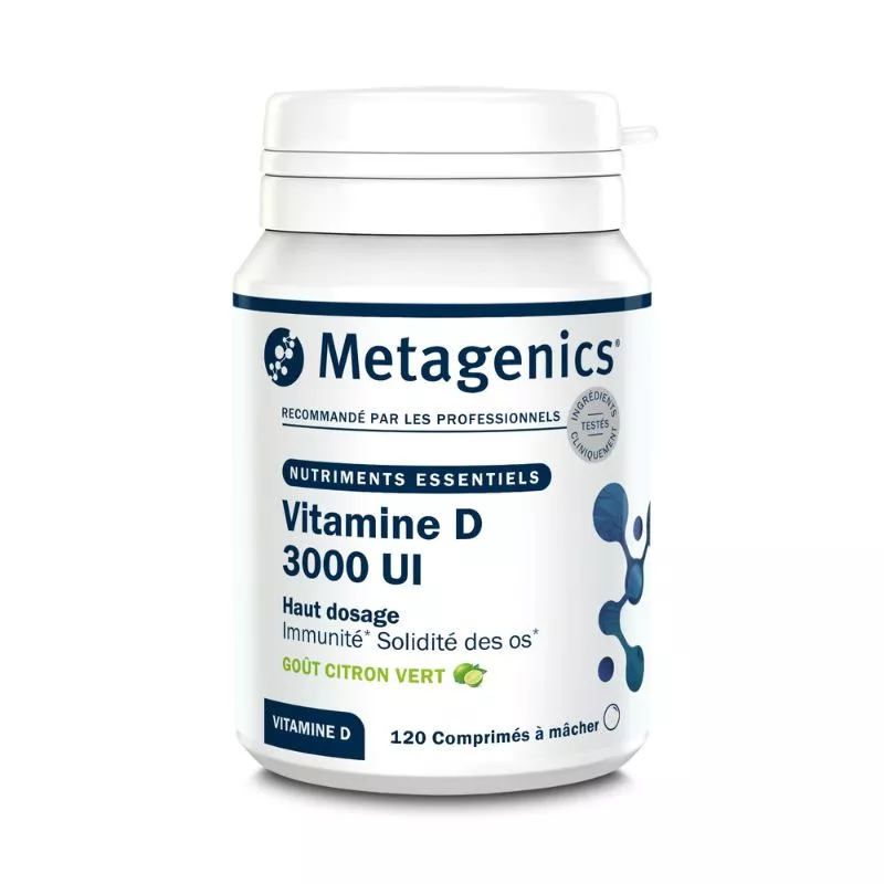 Vitamine D Forte 3000 UI Metagenics - Santé osseuse et immunitaire - 120 comprimés à mâcher citron vert