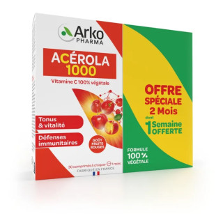 Acérola 1000 Azinc Arkopharma - Tonus & vitalité - 2 x 30 comprimés à croquer