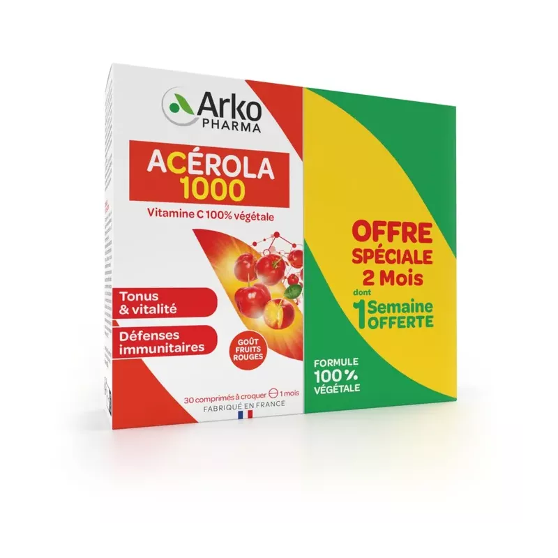 Acérola 1000 Azinc Arkopharma - Tonus & vitalité - 2 x 30 comprimés à croquer